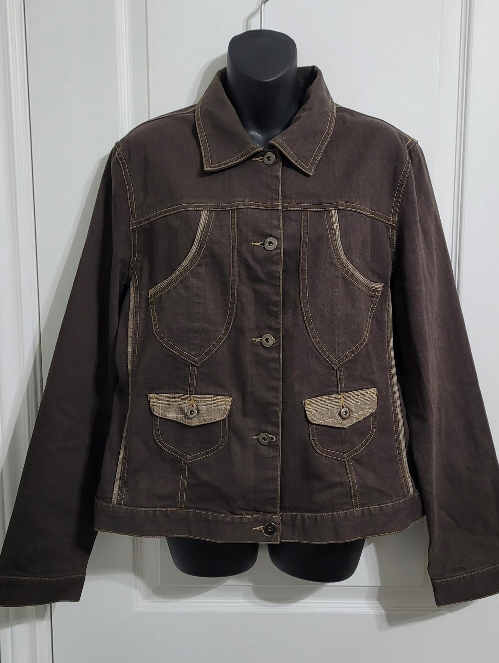 JEANNE PIERRE Y2K Dark Brown Cotton Jean Jacket Sz XL